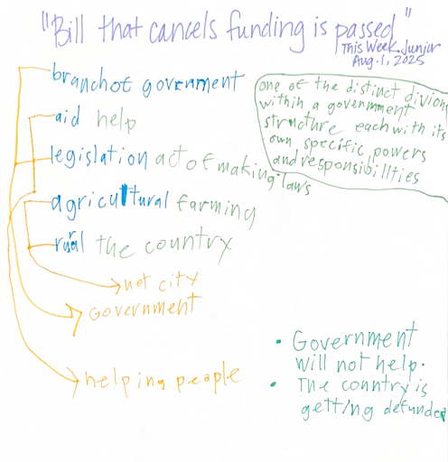 Screenshot of a drawing from an elementary school student outlining different aspects of a recession bill