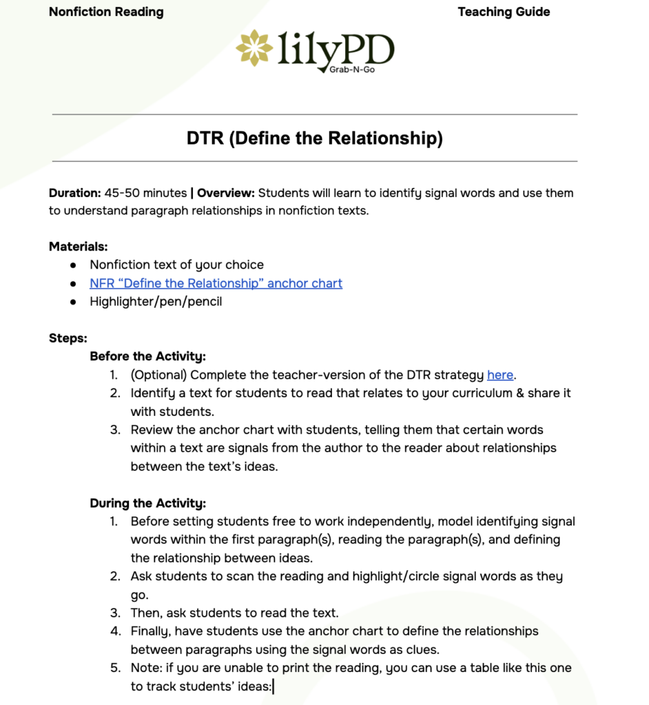Literacy Strategy: Define the Relationship