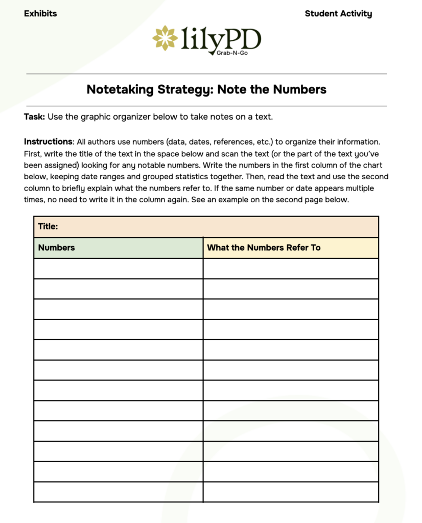 Literacy Strategy: Note the Numbers