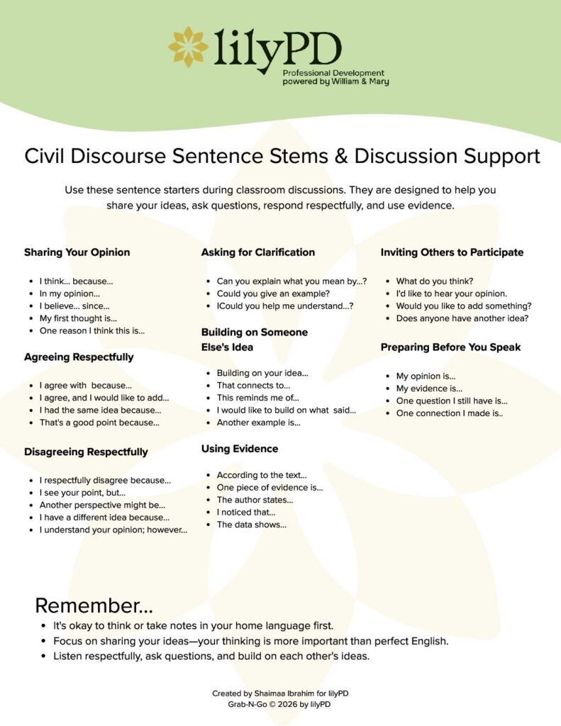 Civil Discourse Sentence Stems and Discussion Support for Multilingual Learners