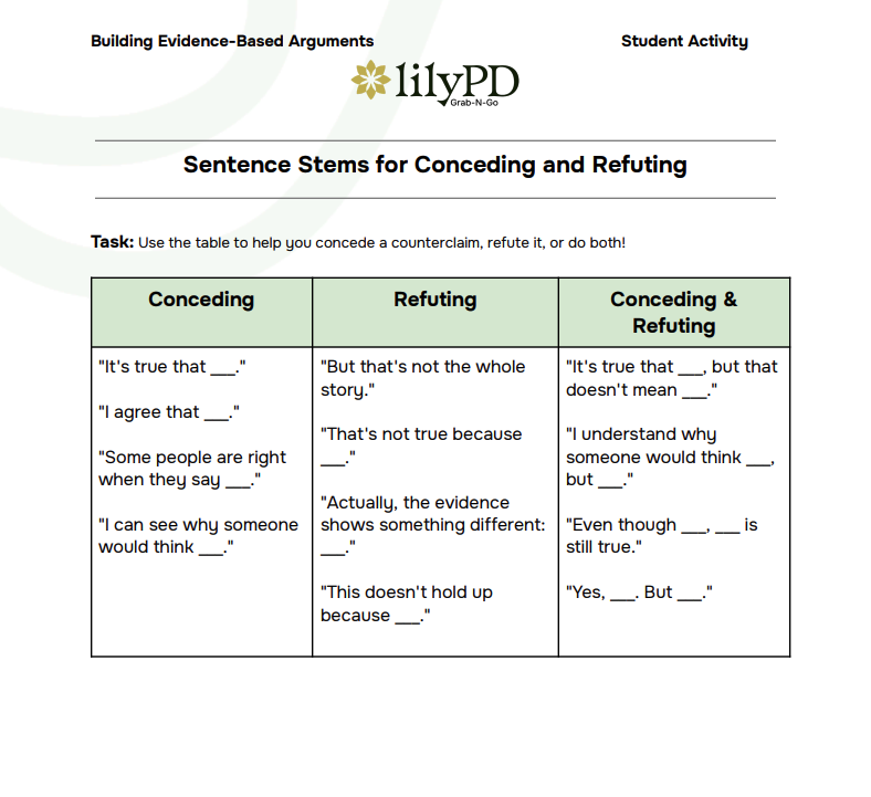 Sentence Stems for Conceding and Refuting (Younger Students)