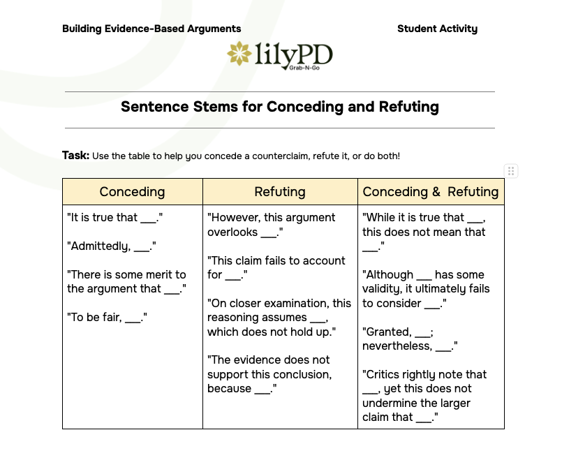 Sentence Stems for Conceding and Refuting (Older Students)
