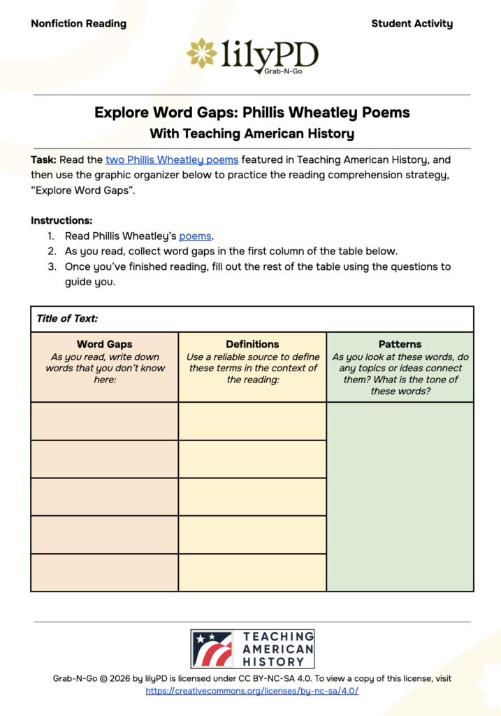 Literacy Strategy: Explore Word Gaps in Phyllis Wheatley Poems with Teaching American History